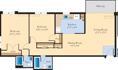 Floor plan for 2 beds, 2 baths, 896 sqft